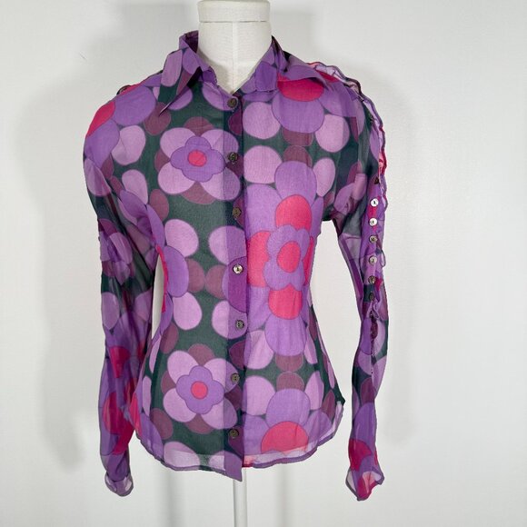 Tops - Women's Sheer Geometric Floral Purple Button Down Shop Maximalist Y2K 90s XS
